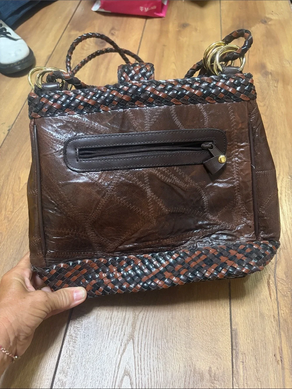 Vintage Sharif Brown Braided Leather Shoulder Bag with Gold Emblem